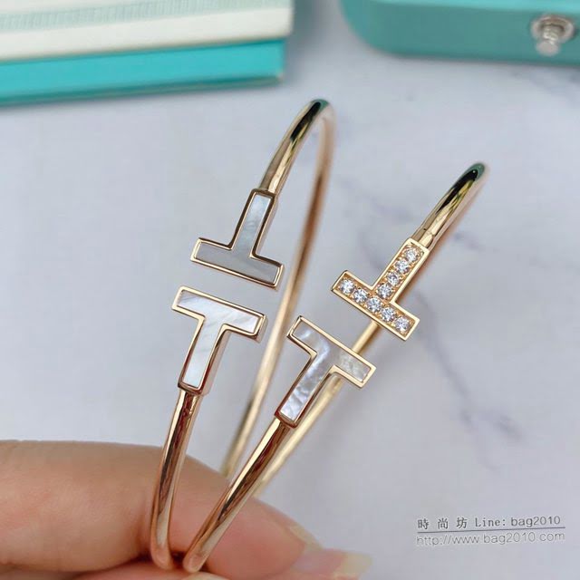 Tiffany飾品 蒂芙尼女士專櫃爆款T Square貝母雙t開口手鐲 Tiffany鑲嵌白色珍珠母貝手鐲  zgt1618
